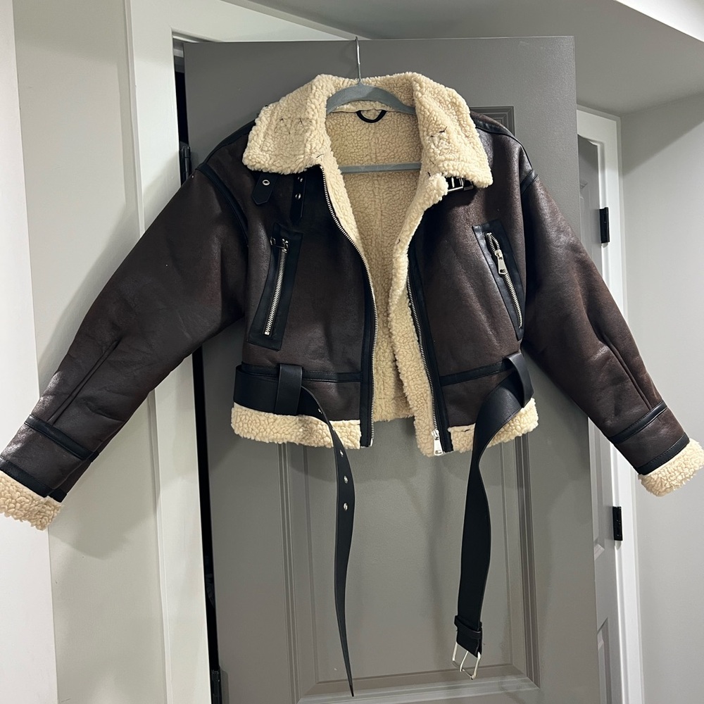 Brown faux leather Sherpa lined jacket